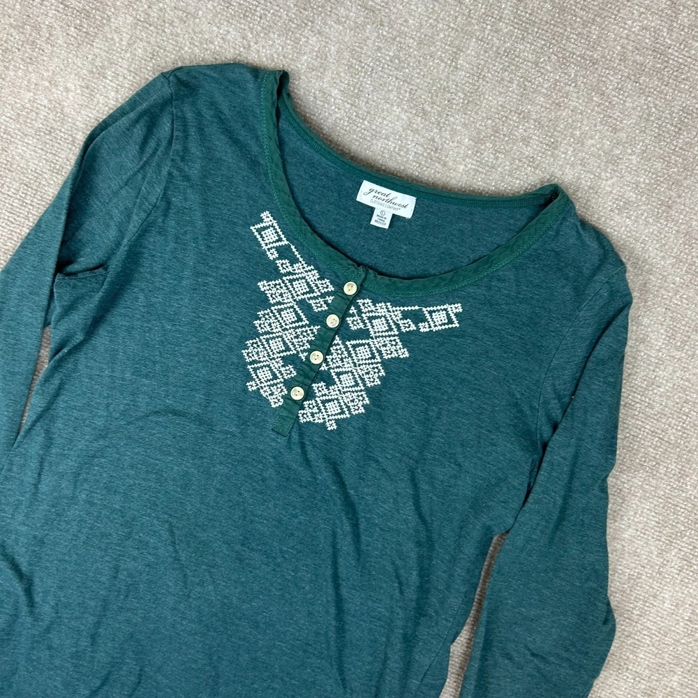 Great Northwest Clothing Company Henley Top Women Large Teal Cotton Embroidered